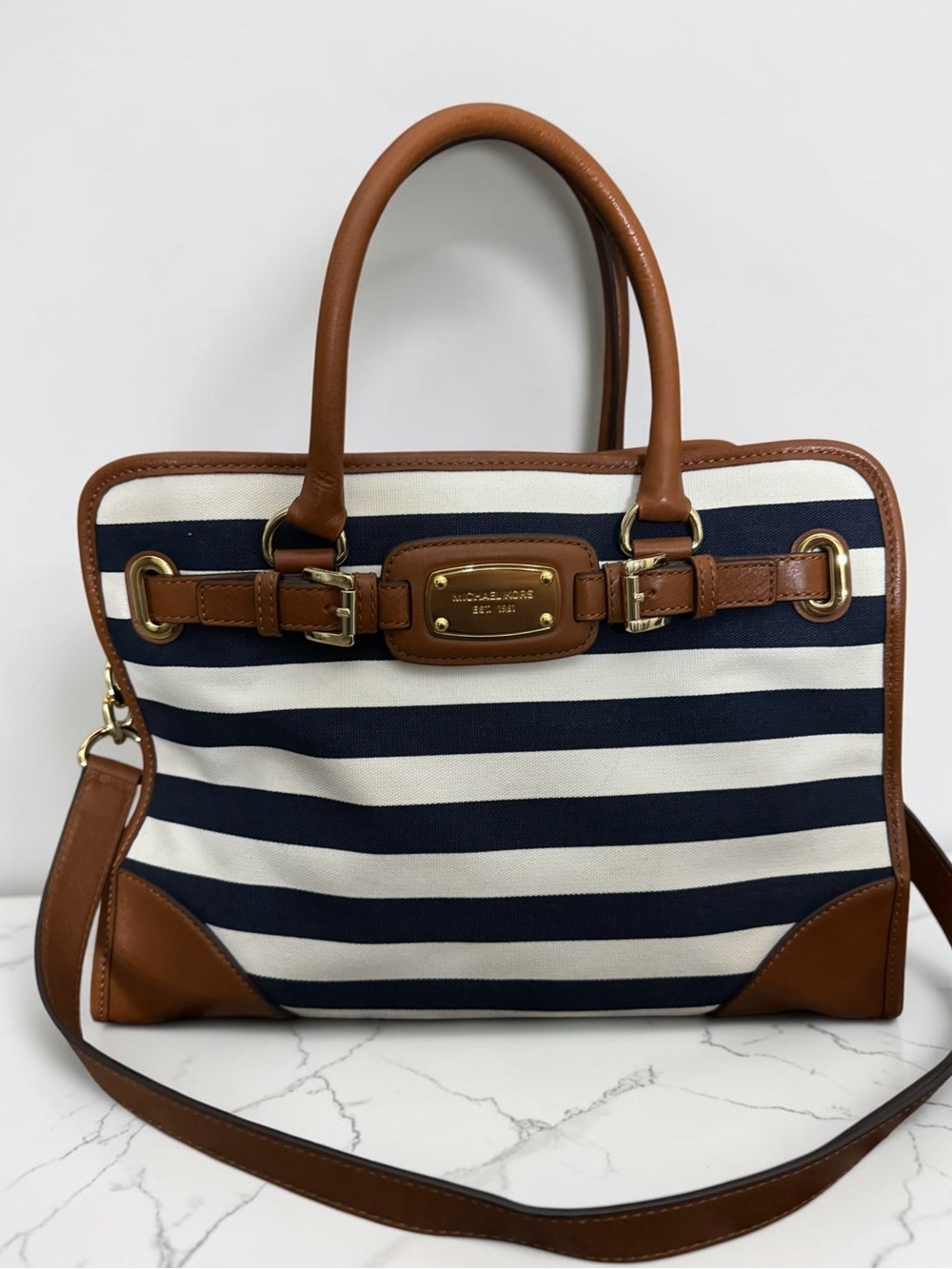 Michael Kors HamiltonNavy & White Striped Canvas Satchel with Brown Leather Trim